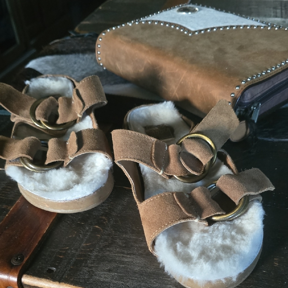 beek Brown Suede Shearling Lined Sandals